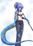  1girl blue_eyes blue_hair breasts cleavage dragon_girl dragon_tail front-tie_top g_(desukingu) highres large_breasts long_hair navel pants ponytail scar solo standing tail torn_clothes torn_pants 
