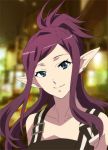  1girl blue_eyes collarbone earrings jewelry kutsuno looking_to_the_side macross macross_delta mirage_farina_jenius pointy_ears ponytail smile solo 