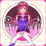 1girl armor bangs between_legs bodysuit boots breasts brown_eyes brown_hair bubble_blowing bubblegum bunny_print chromatic_aberration covered_navel d.va_(overwatch) facepaint facial_mark glint gloves gum hand_between_legs headphones high_collar highres long_hair looking_at_viewer overwatch pauldrons pilot_suit rabbit ribbed_bodysuit shoulder_pads sitting small_breasts sofra solo stuffed_animal stuffed_bunny stuffed_toy thigh-highs thigh_boots turtleneck whisker_markings white_boots white_gloves 