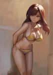  1girl against_wall arms_behind_back aro_(charged_time_out) bangs bikini breasts brown_eyes brown_hair cleavage large_breasts leaning_forward long_hair looking_at_viewer navel original solo standing strap_gap string_bikini swept_bangs swimsuit yellow_bikini 