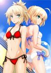  2girls ahoge alternate_costume aqua_eyes artoria_pendragon_(swimsuit_archer)_(fate) ass ball bare_arms bare_shoulders beachball bikini blonde_hair blush braid breasts butt_crack clouds cloudy_sky fate/grand_order fate_(series) french_braid front-tie_top gluteal_fold green_eyes hair_between_eyes hair_bun halter_top halterneck isse looking_away looking_to_the_side midriff mordred_(swimsuit_rider)_(fate) mother_and_daughter multiple_girls navel red_bikini saber saber_of_red short_ponytail side-tie_bikini sidelocks sky small_breasts smile standing surfboard swimsuit thighs white_bikini 