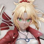  1girl 3d belt blonde_hair bracelet breasts fate/apocrypha fate_(series) green_eyes grin holding holding_sword holding_weapon jacket jewelry leslyzerosix looking_at_viewer mordred_(fate) mordred_(fate)_(all) necklace over_shoulder ponytail smile solo sword sword_over_shoulder teeth weapon weapon_over_shoulder 