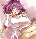  1girl adjusting_glasses bespectacled bottomless breasts fangs glasses large_breasts looking_at_viewer navel open_mouth ponytail purple_hair red-framed_eyewear red_eyes shirt smile solo t-shirt touhou yasaka_kanako yohane 