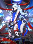 1girl bare_shoulders blue_eyes blue_hair blue_leotard chaos_drive cockpit company_name copyright_name covered_navel energy erect_nipples gloves hichi highres leotard long_hair looking_at_viewer mecha_musume official_art original smile venus_(chaos_drive) 