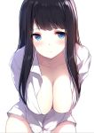  1girl black_hair blue_eyes blush breasts caidychen cleavage collarbone large_breasts long_hair looking_at_viewer original shirt simple_background solo 