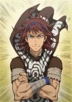  1boy auburn_hair bandaged_arm blue_eyes crossed_arms hairband looking_at_viewer male_focus poncho shadow_of_the_colossus smile solo upper_body veins wander yuu_(masarunomori) 