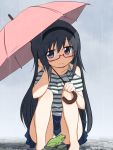  1girl akemi_homura black_hair frog glasses hairband highres long_hair mahou_shoujo_madoka_magica panties pantyshot pantyshot_(squatting) rain rock sat-c shirt skirt solo squatting striped striped_shirt umbrella underwear violet_eyes 