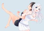  2girls :d back-to-back barefoot black_hair black_shorts blue_eyes blush breasts camisole cleavage erect_nipples grin legs_up locked_arms long_hair looking_back multiple_girls open_mouth original pleated_skirt red_eyes short_hair shorts silver_hair skirt smile solvalou strap_gap white_skirt 