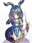  1girl animal_ears blood blood_on_face bloody_clothes bloody_weapon blue_dress blue_hair dress ear_clip from_above hammer kine long_hair low_twintails mallet one_eye_closed puffy_sleeves rabbit_ears red_eyes seiran_(touhou) short_sleeves solo touhou twintails weapon white_background zounose 