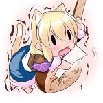  1girl animal_ears bent_over blonde_hair blue_skirt blush brown_shirt cat_ears cat_tail commentary_request hoshizuki_(seigetsu) instrument mizuhashi_parsee music open_mouth pink_background playing_instrument puru-see shamisen shirt skirt solid_oval_eyes solo tail touhou trembling 
