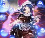  1girl :d blue_hair book capelet doremy_sweet dress embellished_costume frilled_dress frills grid hat holding holding_book legacy_of_lunatic_kingdom looking_at_viewer nightcap open_book open_mouth smile solo touhou violet_eyes zounose 