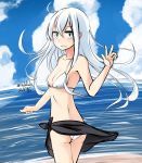  1girl beach bikini dated grey_eyes hibiki_(kantai_collection) highres kantai_collection looking_at_viewer looking_back nekobaka sarong signature silver_hair solo swimsuit 