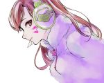  1girl bangs brown_eyes brown_hair d.va_(overwatch) facepaint facial_mark frog_print from_side fur_coat headphones hiromu_ps lips long_hair looking_at_viewer mouth_hold overwatch pink_lips smile solo whisker_markings 