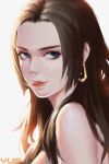  1girl absurdres artist_name bare_shoulders black_hair blue_eyes boa_hancock closed_mouth earrings from_side highres jewelry long_hair looking_at_viewer looking_to_the_side one_piece portrait red_lips shade simple_background smile solo upper_body white_background yus 