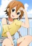  1girl alternate_hairstyle between_legs blush brown_eyes brown_hair casual hair_down hand_between_legs indian_style k-on! kisuke_(akutamu) open_mouth short_hair shorts sitting smile solo tainaka_ritsu tank_top 