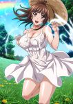  00s 1girl breasts brown_eyes brown_hair cleavage collarbone day dress hat high_ponytail ikkitousen large_breasts looking_at_viewer open_mouth outdoors rainbow short_hair sky solo standing standing_on_one_leg sundress tree wet wet_clothes wet_dress white_dress yagyu_mitsuyoshi 