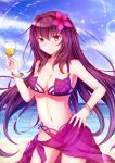  1girl bikini breasts cleavage cup drinking_glass fate/grand_order fate_(series) flower hair_flower hair_ornament highres large_breasts long_hair looking_at_viewer midriff nail_polish navel purple_hair red_eyes sarong scathach_(fate/grand_order) scathach_(swimsuit_assassin)_(fate) soda_(sodachuxd) solo swimsuit wine_glass 
