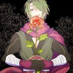  1boy _asaiii bandage black_background circlet covering_mouth fire_emblem fire_emblem_if flower gloves green_hair hair_over_one_eye leaf scarf solo suzukaze_(fire_emblem_if) violet_eyes 