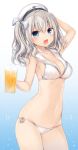  1girl alcohol anchor arm_up beer beer_mug beret bikini blue_eyes blush bow breasts character_name cleavage collarbone cosplay cowboy_shot hair_bow hat highres holding kantai_collection kashima_(kantai_collection) komeshiro_kasu long_hair looking_at_viewer medium_breasts navel open_mouth sailor_bikini sailor_collar sailor_hat side-tie_bikini silver_hair solo standing striped striped_bow swimsuit twintails white_bikini white_hat z3_max_schultz_(kantai_collection) z3_max_schultz_(kantai_collection)_(cosplay) 