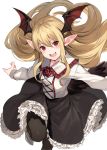  1girl :d bangs bat_wings black_legwear black_skirt blonde_hair blush fang fangs floating_hair flower frilled_shirt_collar frilled_skirt frills granblue_fantasy hair_between_eyes head_wings leg_up long_hair long_sleeves open_mouth pantyhose paseri pointy_ears red_eyes red_rose rose shingeki_no_bahamut shirt simple_background skirt smile solo vampire vampy white_background white_shirt wings 