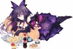 1girl breasts chips cleavage coke_bottle dark_persona date_a_live dress elbow_gloves food gloves looking_at_viewer lying on_stomach pillow potato_chips purple_hair see-through simple_background solo tsunako violet_eyes white_background yatogami_tooka yatogami_tooka_(true_form) 