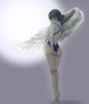  1girl absurdres alternate_costume angel_wings ankles arm_behind_back ass back backlighting bangs braid breasts covering_mouth error feathered_wings french_braid full_body grey_background grey_wings highres hiraya_n kishin_sagume kneepits legs light looking_at_viewer looking_back one-piece_swimsuit red_eyes short_hair silver_hair single_wing small_breasts soles solo swimsuit thighs tiptoes toes touhou wavy_hair white_background wings 