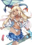  1girl :o ahoge bangs bare_shoulders belt bikini blonde_hair blue_skirt bow breasts cleavage collarbone dark_skin dragon flower front-tie_bikini front-tie_top granblue_fantasy hair_between_eyes hair_flower hair_ornament hibiscus long_hair long_sleeves looking_to_the_side medium_breasts miniskirt off_shoulder open_clothes open_mouth open_shirt pink_eyes pleated_skirt sandals sheath sheathed shirt side-tie_bikini simple_background skirt solo sone swimsuit sword tail tail_bow the_order_grande weapon white_background white_bikini white_shirt 