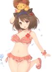  1girl :d arm_up bare_arms bare_shoulders bikini blush bow breasts brown_eyes brown_hair cleavage collarbone creature creature_on_head doraf frilled_bikini frills granblue_fantasy hair_bobbles hair_intakes hair_ornament hairband highres horns kagerou_(shadowmage) looking_at_viewer medium_breasts no_socks open_mouth red_bikini red_bow ribbon sandals short_hair simple_background smile solo swimsuit tareme thigh_gap under_boob water water_drop white_background wrist_ribbon yaia_(granblue_fantasy) 