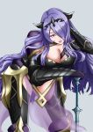  1girl absurdres armor axe bent_over black_armor boots breasts bustier camilla_(fire_emblem_if) capelet cleavage fire_emblem fire_emblem_if hair_over_one_eye highres horned_headwear large_breasts leaning leaning_on_object lips loincloth long_hair looking_at_viewer purple_hair strap tashige thigh-highs thigh_boots thighs tiara vambraces very_long_hair violet_eyes weapon 