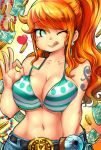 1girl ;q belt belt_buckle bikini_top breasts buckle cleavage coin collarbone denim earrings eyebrows eyebrows_visible_through_hair eyelashes gake_no_ue_no_ponyo green_eyes heart jeans jewelry kenron_toqueen large_breasts licking_lips looking_at_viewer midriff money money_gesture nami_(one_piece) navel one_eye_closed one_piece orange_hair pants solo striped striped_bikini_top tattoo tongue tongue_out under_boob wavy_hair 