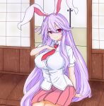  1girl animal_ears breasts hand_on_own_chest highres large_breasts long_hair miniskirt necktie pink_skirt purple_hair rabbit_ears red_eyes red_necktie reisen_udongein_inaba sitting skirt solo sprout_(33510539) touhou very_long_hair 