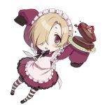  1girl apron blonde_hair blush brown_eyes cake chibi chocolate_cake chocolate_lava_cake food hair_over_one_eye highres idolmaster idolmaster_cinderella_girls lava_cake looking_at_viewer maid maid_apron maid_headdress shirasaka_koume short_hair simple_background sleeves_past_wrists solo striped striped_legwear tamaext 