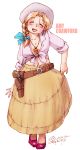  1girl amy_crawford belt blonde_hair blush bow braid character_name closed_eyes cowboy_hat dated earrings freckles front-tie_top gun hair_bow hat holster jewelry long_skirt midriff navel necklace original shirt side_braid signature skirt skirt_hold solo tied_shirt weapon western yabataso 