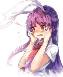  1girl @_@ animal_ears bei_mochi blush eyebrows eyebrows_visible_through_hair hands_on_own_face highres long_hair necktie purple_hair rabbit_ears red_necktie reisen_udongein_inaba shirt short_sleeves simple_background solo squiggle sweat touhou upper_body wavy_mouth white_background white_shirt wing_collar 