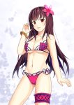  1girl bangle bikini bracelet breasts cleavage fate/grand_order fate_(series) flower hair_flower hair_ornament jewelry long_hair looking_at_viewer midriff mugipot navel purple_hair red_eyes scathach_(fate/grand_order) scathach_(swimsuit_assassin)_(fate) solo swimsuit under_boob 