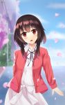  1girl :d alternate_costume black_hair blurry casual contemporary cosplay depth_of_field highres katou_megumi katou_megumi_(cosplay) kono_subarashii_sekai_ni_shukufuku_wo! looking_at_viewer megumin namesake open_mouth petals red_eyes rko_(a470350510) saenai_heroine_no_sodatekata short_hair short_hair_with_long_locks smile solo 