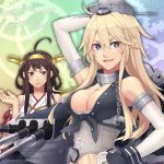  2girls black_eyes blonde_hair blue_eyes breasts brown_hair cannon cleavage double_bun elbow_gloves fingerless_gloves front-tie_top gloves hairband headgear iowa_(kantai_collection) kantai_collection kongou_(kantai_collection) long_hair multiple_girls mzroas nontraditional_miko ribbon-trimmed_sleeves ribbon_trim star star-shaped_pupils symbol-shaped_pupils 