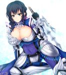  &gt;:| 1girl arm_support armor armored_dress black_gloves black_hair blue_hair breasts cleavage closed_mouth covered_navel earrings gloves gluteal_fold holding holding_weapon jewelry large_breasts looking_at_viewer pauldrons reverse_grip sai_(weapon) sangoku_musou shin_sangoku_musou short_hair skin_tight solo tokonaru vambraces wang_yi weapon 
