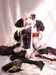  1girl black_boots black_legwear boots choker collarbone fur_trim girls_frontline gun high_heel_boots high_heels highres kar98k_(girls_frontline) long_hair looking_at_viewer nazi pink_hair red_eyes rifle sitting solo sptuel thigh-highs thigh_boots wariza weapon 