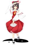  1girl ascot black_hair bow brown_eyes detached_sleeves fan firecharmer folding_fan full_body hair_bow hair_tubes hakurei_reimu mary_janes ofuda red_bow red_shirt red_skirt shirt shoes simple_background skirt skirt_set solo standing touhou white_background wide_sleeves yin_yang 