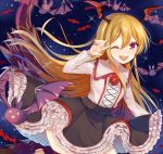  1girl ;d alternate_eye_color animal bangs bat bat_wings black_legwear black_skirt blonde_hair blush collared_shirt demon_tail fangs flower frilled_shirt_collar frilled_skirt frills granblue_fantasy hair_between_eyes head_wings highres long_hair long_sleeves nan_(jyomyon) night night_sky one_eye_closed open_mouth pointy_ears red_rose rose shingeki_no_bahamut shirt skirt sky smile solo sparkle star_(sky) tail thigh-highs v vampire vampy very_long_hair violet_eyes white_shirt wings 