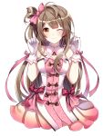  1girl ahoge artist_request blush breasts brown_hair cleavage closed_mouth dress female gloves gold_eyes highres long_hair looking_at_viewer love_live!_school_idol_project minami_kotori obot_(artist) one_eye_closed pink_ribbon ribbon smile solo white_gloves wink 