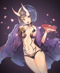  1girl alcohol blush breasts eyebrows fate/grand_order fate_(series) food fruit horns japanese_clothes jewelry khanshin kimono looking_at_viewer navel oni oni_horns open_mouth purple_hair sakazuki sake short_hair shuten_douji_(fate/grand_order) small_breasts smile solo tongue tongue_out violet_eyes 