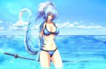  1girl blue_eyes blue_hair breasts dragon_girl g_(desukingu) highres katana large_breasts long_hair navel ponytail scar solo standing swimsuit sword tail weapon 