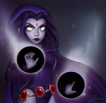  1girl dc_comics leotard looking_at_viewer magic_circle purple_background purple_hair raven_(dc) short_hair solo teen_titans 