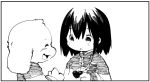  :o asriel_dreemurr blush blush_stickers border chara_(undertale) child closed_eyes furry greyscale heart heart_necklace jewelry looking_down monochrome necklace open_mouth rai-rai shirt simple_background smile striped striped_shirt undertale white_background 