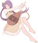  1girl barefoot biwa_lute brown_dress chains dress feet full_body hair_ornament instrument leaf_hair_ornament long_hair low_twintails lute_(instrument) mefomefo musical_note one_eye_closed purple_hair quaver simple_background smile solo touhou tsukumo_benben twintails violet_eyes white_background 