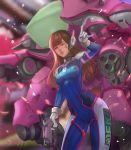  1girl \n/ absurdres artist_name bangs blurry bodysuit breasts brown_eyes brown_hair clothes_writing cowboy_shot d.va_(overwatch) depth_of_field emblem facepaint facial_mark finger_on_trigger gloves gun handgun headphones highres long_hair looking_at_viewer mecha meka_(overwatch) one_eye_closed outdoors overwatch parted_lips petals pilot_suit pistol sherylnome signature small_breasts solo swept_bangs weapon whisker_markings white_gloves 
