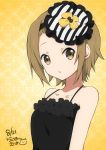  1girl :o arms_at_sides artist_name blush brown_eyes brown_hair camisole collarbone dated frills hair_ornament hairpin k-on! parted_lips ragho_no_erika short_hair simple_background sleeveless solo tainaka_ritsu upper_body yellow_background 