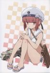  1girl absurdres aka_ringo auburn_hair bag beret bikini brown_eyes checkered checkered_background feet hands_on_own_knees hat highres interlocked_fingers iron_cross kantai_collection military military_hat peaked_cap sailor_bikini sailor_collar sailor_hat sandals scan short_hair shoulder_bag sitting solo swimsuit toes weapon white_bikini white_hat z3_max_schultz_(kantai_collection) 